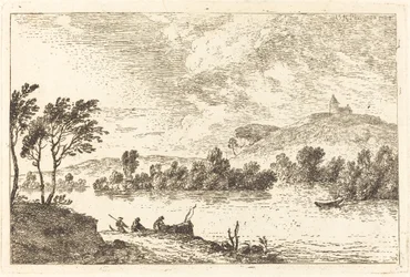 Paisaje Fluvial con Figuras y un Barco en la Orilla