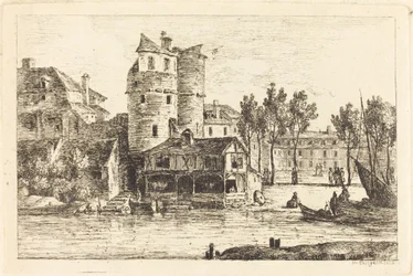 Pueblo en la Orilla del Río con Dos Torres Redondas