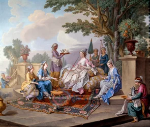 Almuerzo del Sultán. Pintura sobre porcelana blanda de Nicolas Pierre Pithou Le Jeune (siglo XVIII) 1783 Dim. 0,39x0,49 m Sevres, citación cerámica - El desayuno de la Sultana. Pintura en porcelana blanda de Nicolas Pierre Pithou El Joven (siglo XVIII)