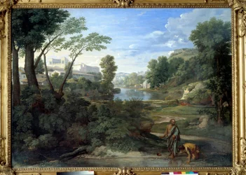Diógenes arrojando su escudilla. Pintura de Nicolas Poussin
