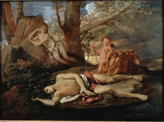 Eco y Narciso, ilustración de la leyenda que inspiró a Ovidio en «Las metamorfosis». Pintura de Nicolas Poussin