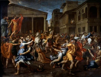 El rapto de las sabinas por los romanos. Rómulo a la izquierda observa la escena. Pintura de Nicolas Poussin