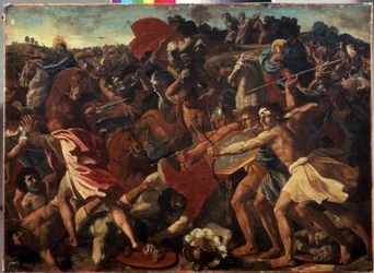 "Victoria de Josué sobre los amalecitas" durante la batalla entre los israelitas y los amalecitas - Pintura de Nicolas Poussin (1594-1665), hacia 1624-1625. Óleo sobre lienzo. Arte francés, estilo barroco. M