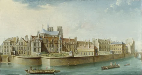Le Cloître Notre-Dame, visto desde la isla de San Luis (muelle de Orleans), en 1753 (óleo sobre lienzo)