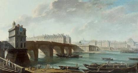 La bomba Samaritaine, Pont-Neuf, Ile de la Cite y el muelle Conti visto desde el muelle del Louvre, antes de 1771 (óleo sobre lienzo)
