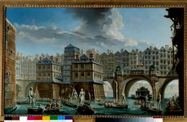 El juego del marinero entre el Pont Notre-Dame y el Pont-au-Change. Un juego náutico en el Sena en París. Pintura de Nicolas Jean Baptiste Raguenet (1715-1793) 1756. París, Museo Carnavalet