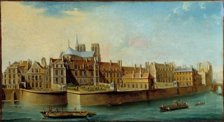 Vista de la Île de la Cité con el ábside de la Catedral de Notre Dame y el Quai aux Fleurs desde la Île Saint Louis en París