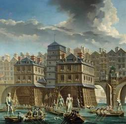 (detalle) La Joute des mariniers entre el Pont Notre-Dame y el Pont-au-Change. Una justa náutica en el Sena en París. Pintura de Nicolas Jean Baptiste Raguenet (1715-1793) 1756 París, Museo Carnavalet