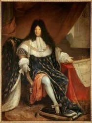 Retrato de cuerpo entero de Luis XIV (1638-1715) sosteniendo el plano de la casa real de Saint Cyr. Pintura de Nicolas René Jollain el Viejo