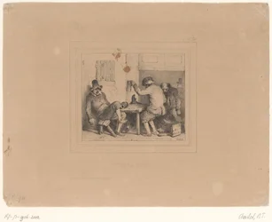 Tres campesinos borrachos en un pub Vive la joie (título sobre objeto) Sketches 1837 (título de la serie) Croquis de Charlet 1837 (título de la serie)