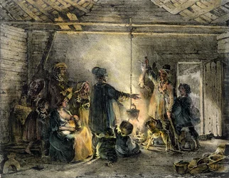 Interior de la cabaña de un minero de carbón, grabado por Godefroy Engelmann, 1829