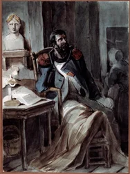 El viejo grognard. Un antiguo miembro de la guardia de Napoleón I (1769-1821), enfermo junto a un busto del emperador. Dibujo de Nicolas Toussaint Charlet (1792-1845), 5/05/1820. Rueil-Malmaison, Musée national des châteaux de Malmaison et Bois-Préau