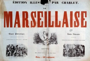 Portada de la canción patriótica "La Marsellesa". Ilustración de Charlet Nicolas Toussaint (1792-1845) siglo XIX París, archivos nacionales