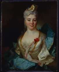 Retrato de una dama con un vestido blanco y una capa azul
