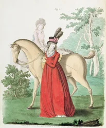Una dama saliendo a caballo con vestido de montar de la Galería de Moda de Nikolaus Heideloff, Vol II, junio 1795
