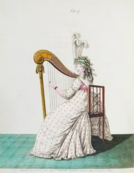 Dama tocando el arpa en vestido de noche de la Galería de Moda de Nikolaus Heideloff, Vol II, abril 1795