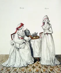 Dos damas desayunando en su vestidor, con gorros de noche y peignoirs, de la 