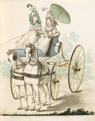Dos damas, en negligé, tomando aire en un faetón, de la Galería de Moda de Nikolaus Heideloff, Vol I, agosto de 1794