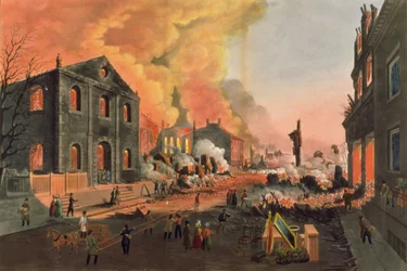 Vista de las Ruinas después del Gran Incendio en Nueva York, 16-17 de diciembre de 1835, grabado por W.I. Bennett, pub. por L.P. Glover, Nueva York, 1835