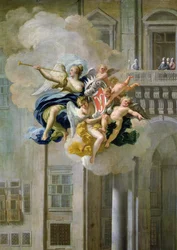 La Fama llevando el escudo de armas de la Casa de Harrach (detalle)
