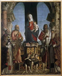La Virgen y el Niño en el trono con San Nicolás, San Pedro, San Bartolomé y San Agustín
