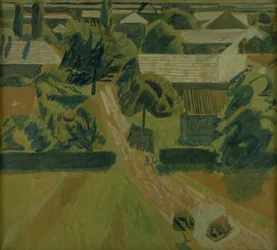 Paisaje con casas y un camino, donde dos personas están postradas