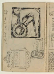 Boceto para la tumba de Poul S. Christiansen, estudios de tumbas, indicaciones de medidas