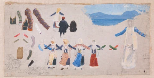 Mujeres bailando, detalles de vestuario y un paisaje