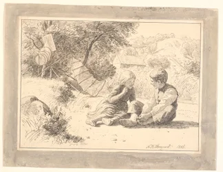 Dos niños en la orilla de un lago en Öströö, Halland