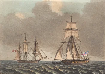 Un corsario inglés inspeccionando un barco danés que se levanta