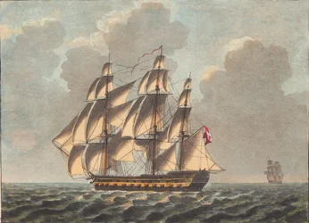 Un barco de línea danés navegando casi a favor del viento