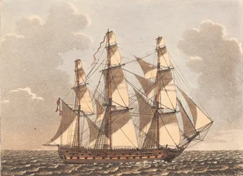 Un barco de guerra danés, visto a barlovento con viento lateral