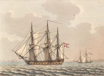 Un barco de guerra danés anclado, secando sus velas