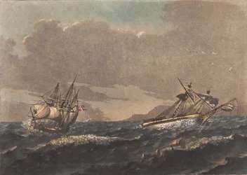 Un barco alejándose de la tierra, y un bergantín, que, a la deriva, naufraga en una roca ciega