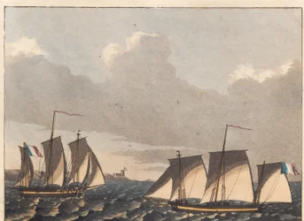 Lanchas planas francesas o luggers bajo la costa francesa