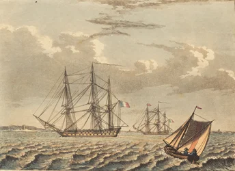 Barcos de guerra franceses anclados, y un bote cruzando