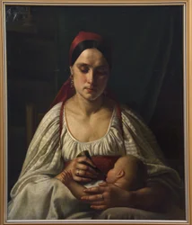 Campesina rusa alimentando a su bebé con un cuerno de vaca. (Mujer campesina rusa alimentando a su bebé con un cuerno de vaca). Pintura de Nikifor Stepanovich Krylov (Krilov) (1802-1831), óleo sobre lienzo