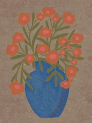 Jarrón rústico con motivos florales en tonos naranjas