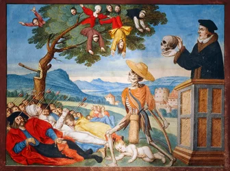 La Muerte entrando en acción con su guadaña y los hombres caen como hojas muertas, sermón de Memento Mori del ciclo de la Danza de la Muerte por Albrecht Kauw