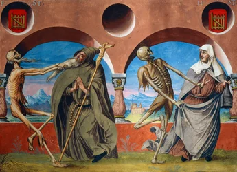 La Muerte, ermitaño y Beguina del ciclo de La Danza de la Muerte por Albrecht Kauw