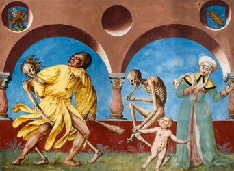 Muerte, idiota y madre con niño del ciclo La Danza de la Muerte por Albrecht Kauw