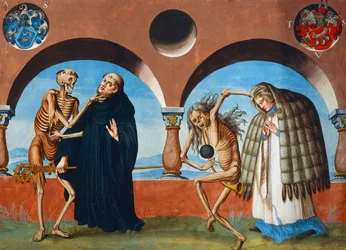 La Muerte, el Abad y el Canónigo (asistente del Abad) del ciclo La Danza de la Muerte por Albrecht Kauw