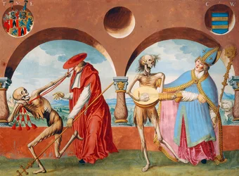 La muerte, el patriarca y el obispo del ciclo de la Danza de la Muerte