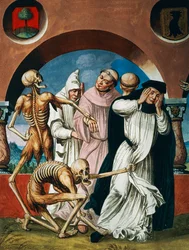 Muerte con monjes, detalle de Muerte, monjes y abadesa del ciclo La Danza de la Muerte por Albrecht Kauw