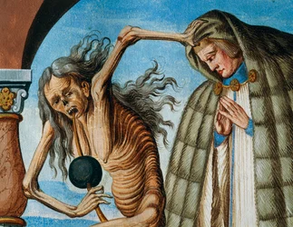 Muerte con el canónigo, detalle de Muerte, abad y el canónigo (asistente del abad) del ciclo La Danza de la Muerte por Albrecht Kauw
