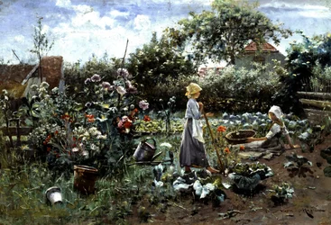 En el huerto. Dos jóvenes conversan en un huerto. Una cultiva el jardín y la otra recoge verduras. Pintura de Nikola Mašić (1852-1902), colección privada