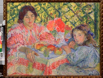 A la table du petit dejeuner (En la mesa del desayuno) - Peinture de Nikolai Aleksandrovich Tarkhov (Tarhov, Tarkov, Tarkhoff o Tarkoff