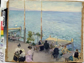 Lago de Ginebra, Ginebra (Suiza), café. (El lago de Ginebra. Café). Pintor de Nikolai Alexandrovich Klodt (1865-1918), óleo sobre lienzo