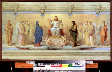 Los siete santos sacramentos. Alegoría de la Iglesia Ortodoxa Rusa, que representa el bautismo, la eucaristía, la crismación, la penitencia, la extremaunción, el matrimonio y el sacramento del orden. En el centro, Jesucristo sostiene un l