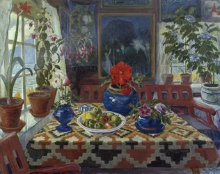 Interior con una gran olla azul